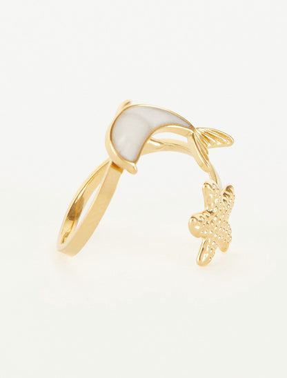 Bague motif dauphin et étoile de mer - Or - 2