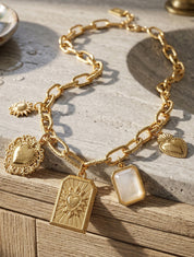 Collier fantaisie à motifs coeur et pierre colorés - Beige - 1