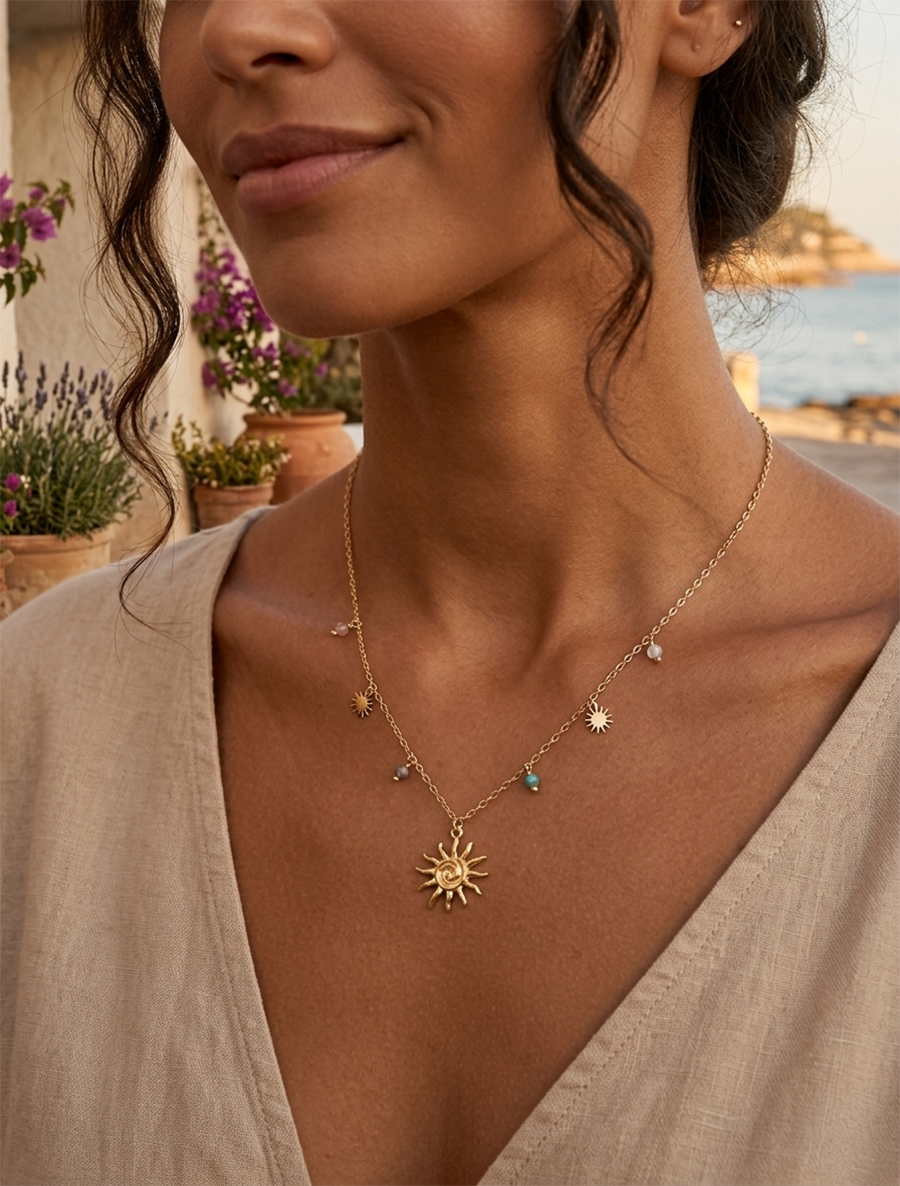 Collier fin motif soleils et pierres - Or
