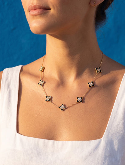 Collier à trèfles ornés de zircons blancs - Or/noir - 1