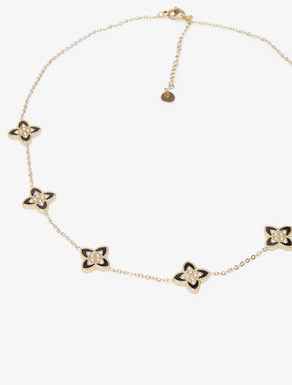 Collier à trèfles ornés de zircons blancs - Or/noir - 3