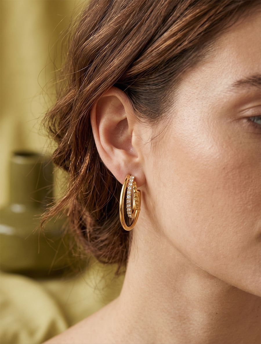 Créoles triple anneaux à gravures et strass - Or - 1
