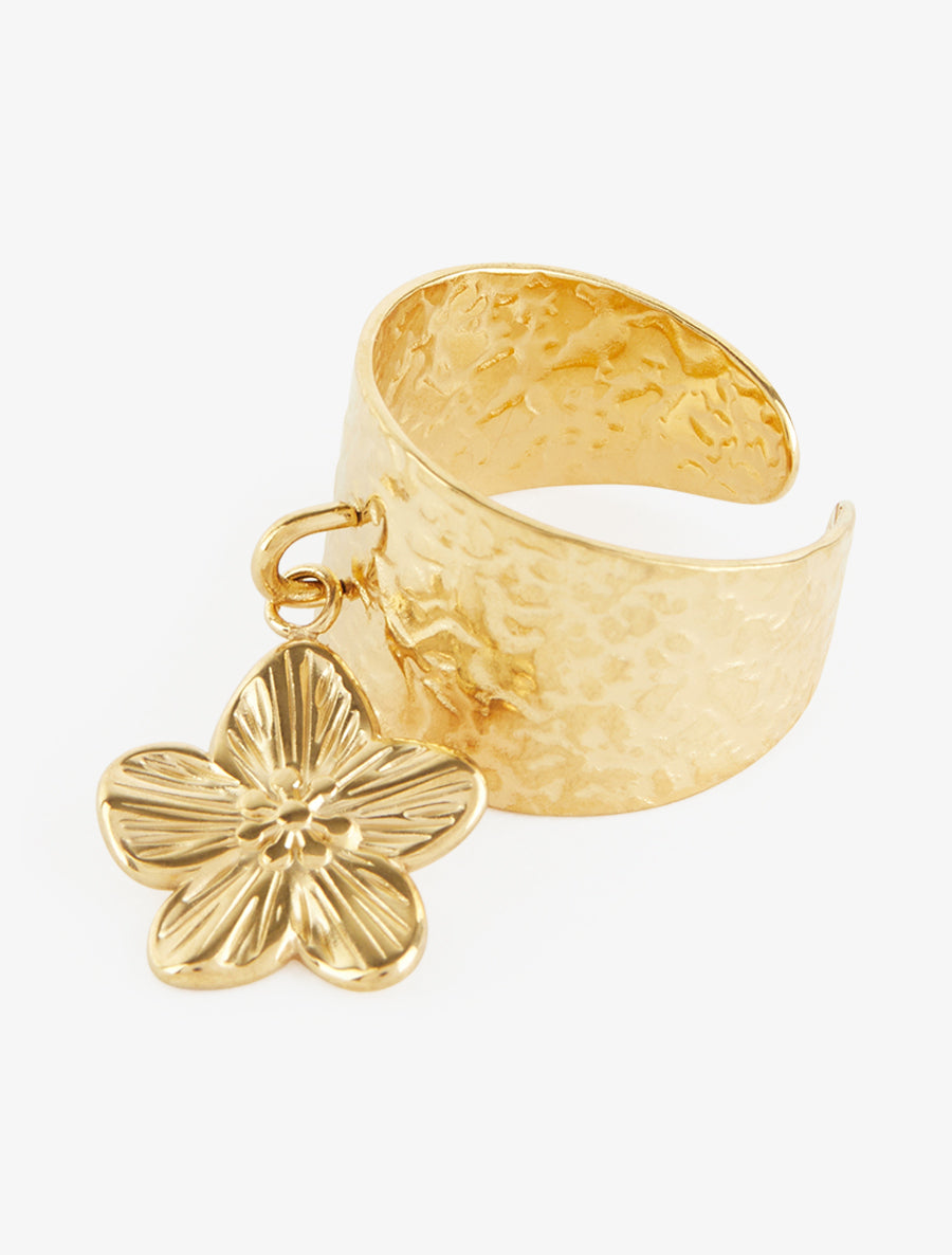 Bague martelée à breloque fleur - Or - 3
