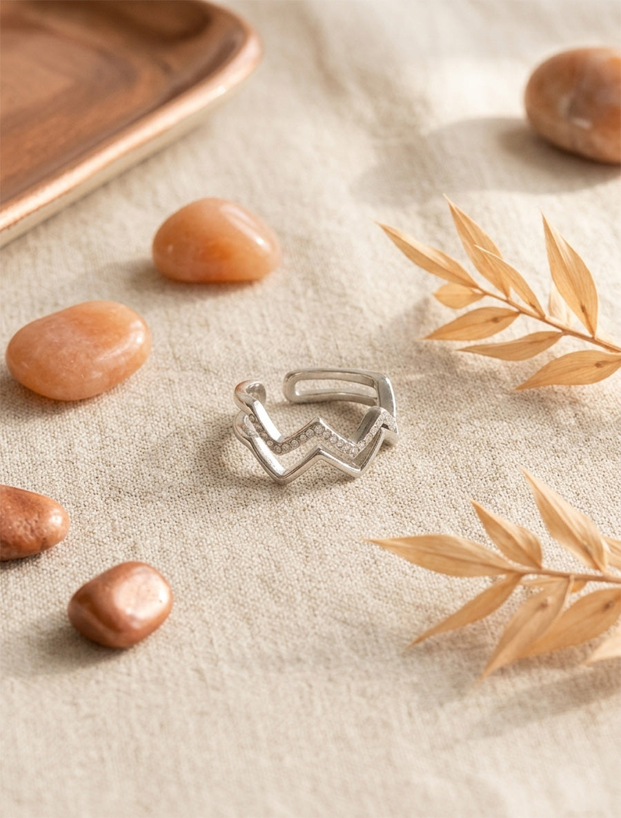 Bague zigzag à strass - Argent - 1