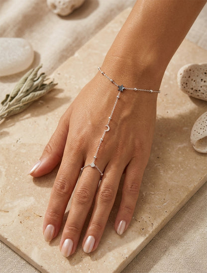 Chaîne de main étoile et demi-lune à un zircon blanc - Argent - 1