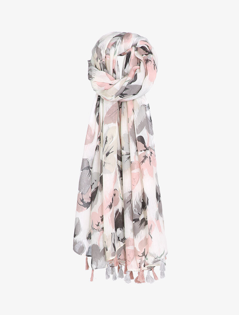 Foulard à imprimé floral et bords à pompons - Gris clair - 3