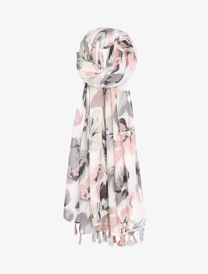 Foulard à imprimé floral et bords à pompons - Gris clair - 3