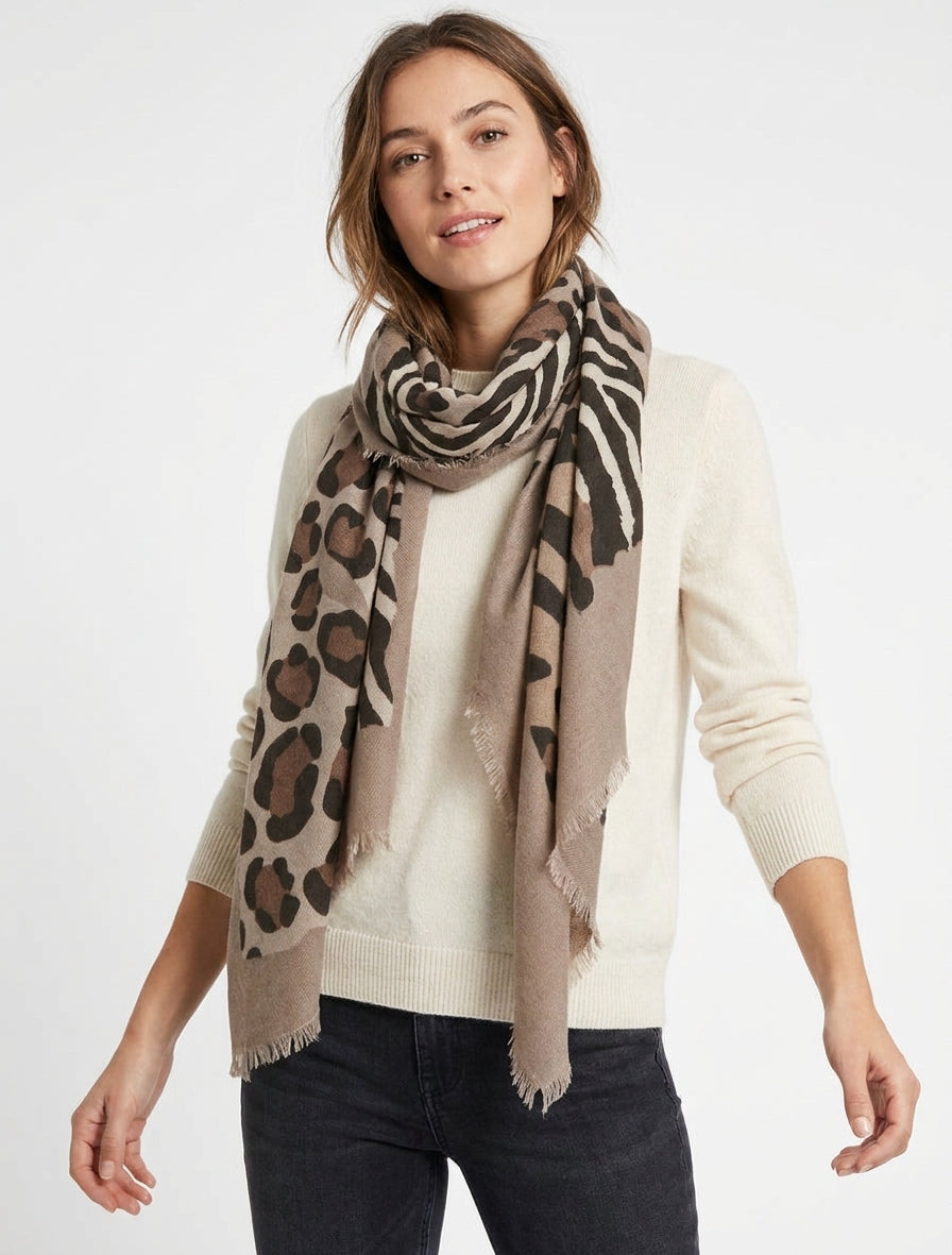 Écharpe motif zèbre et léopard - Beige