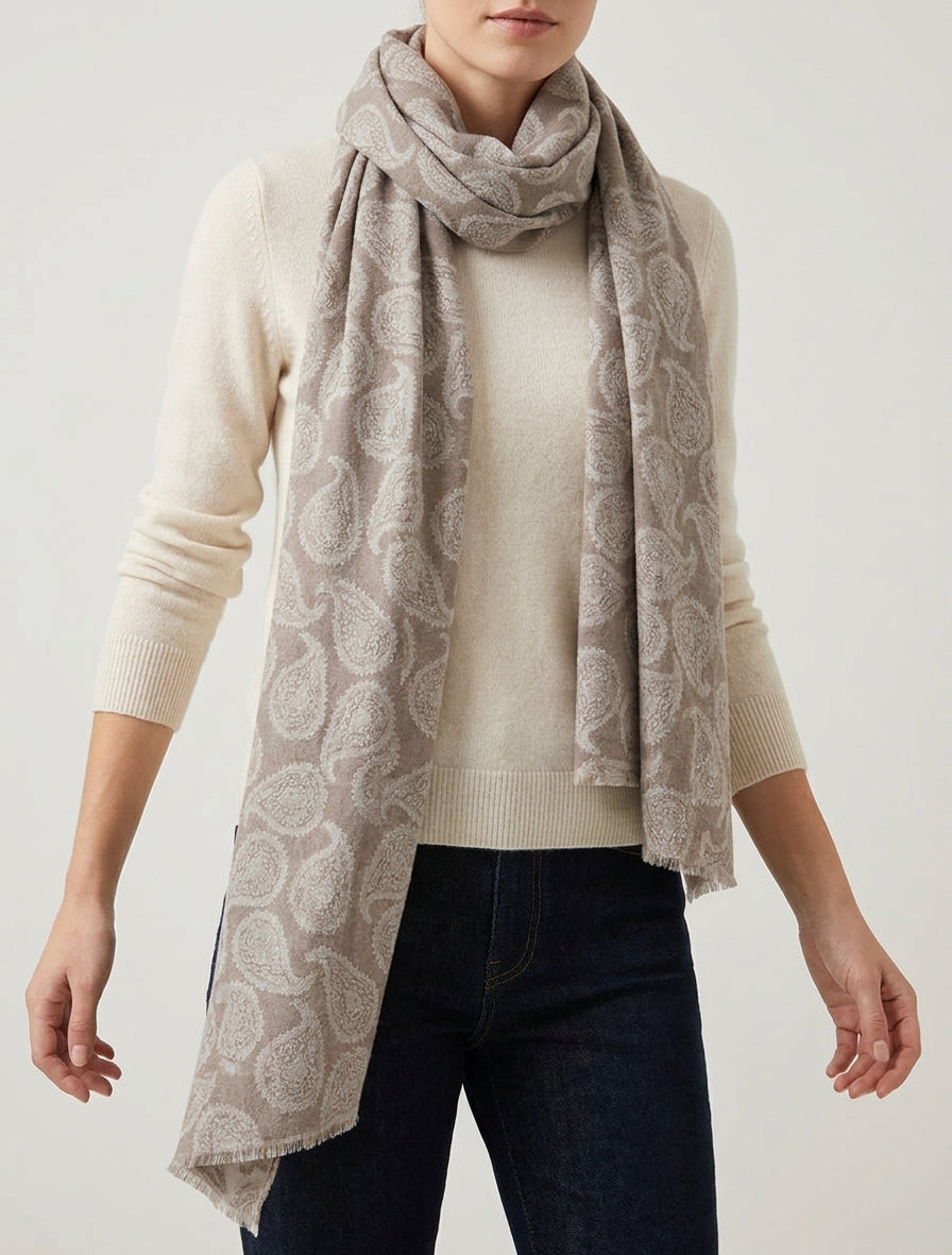 Écharpe imprimé cachemire à franges - Taupe