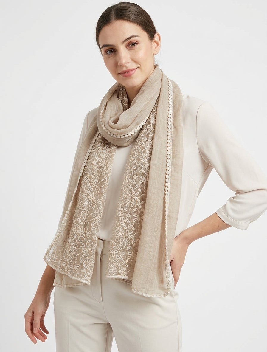 Foulard rectangulaire bordé satin - Beige