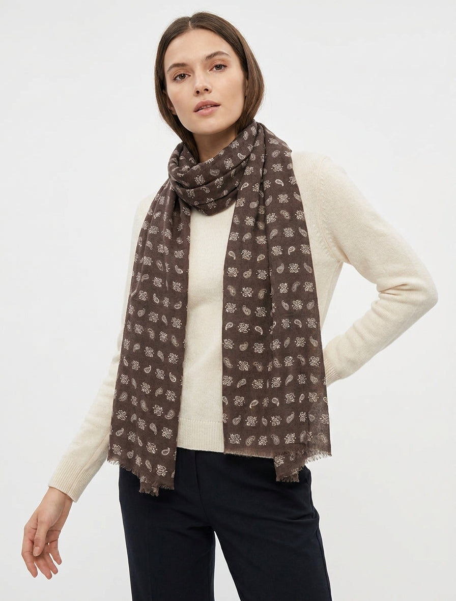 Écharpe imprimé cachemire à franges - Marron