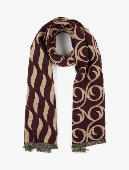 Echarpe en laine mélangée à pois et arabesques - Bordeaux - 1