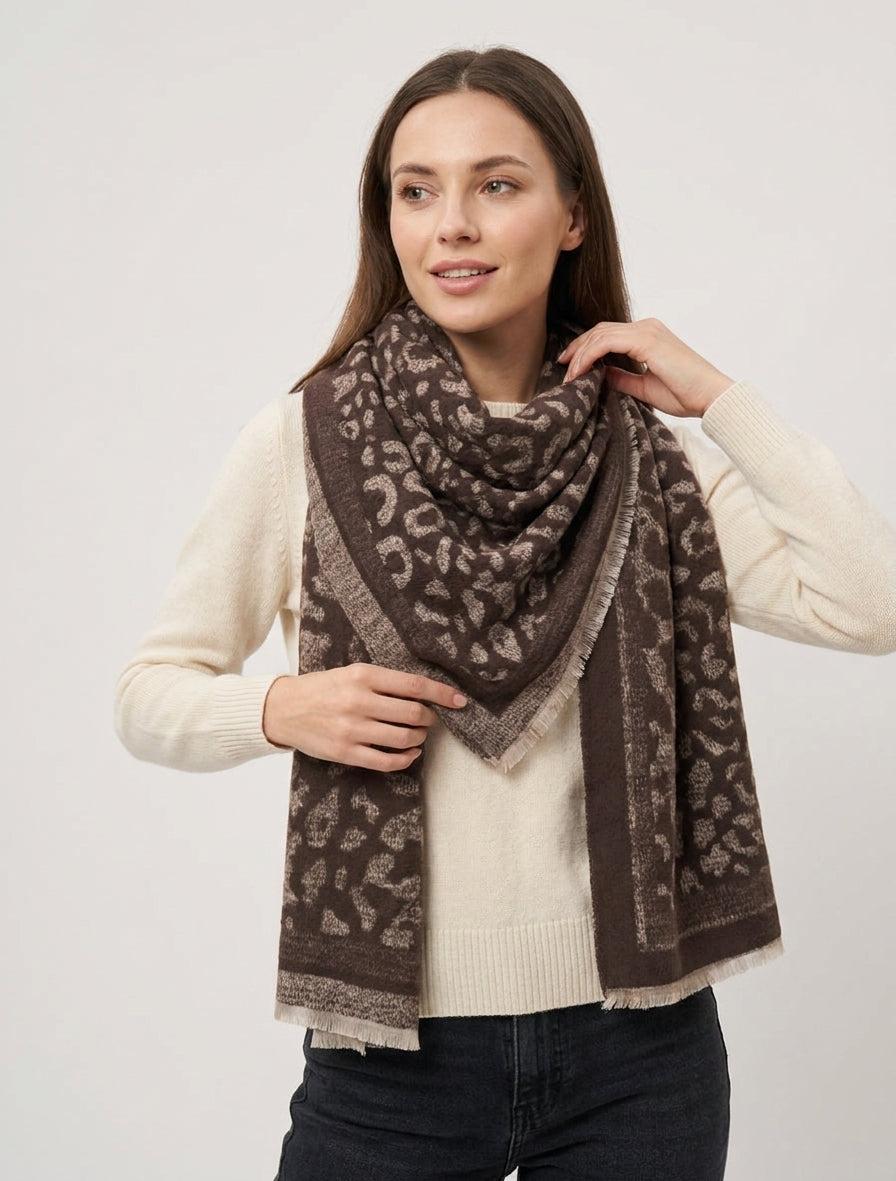 Écharpe molletonnée à franges léopard - Marron