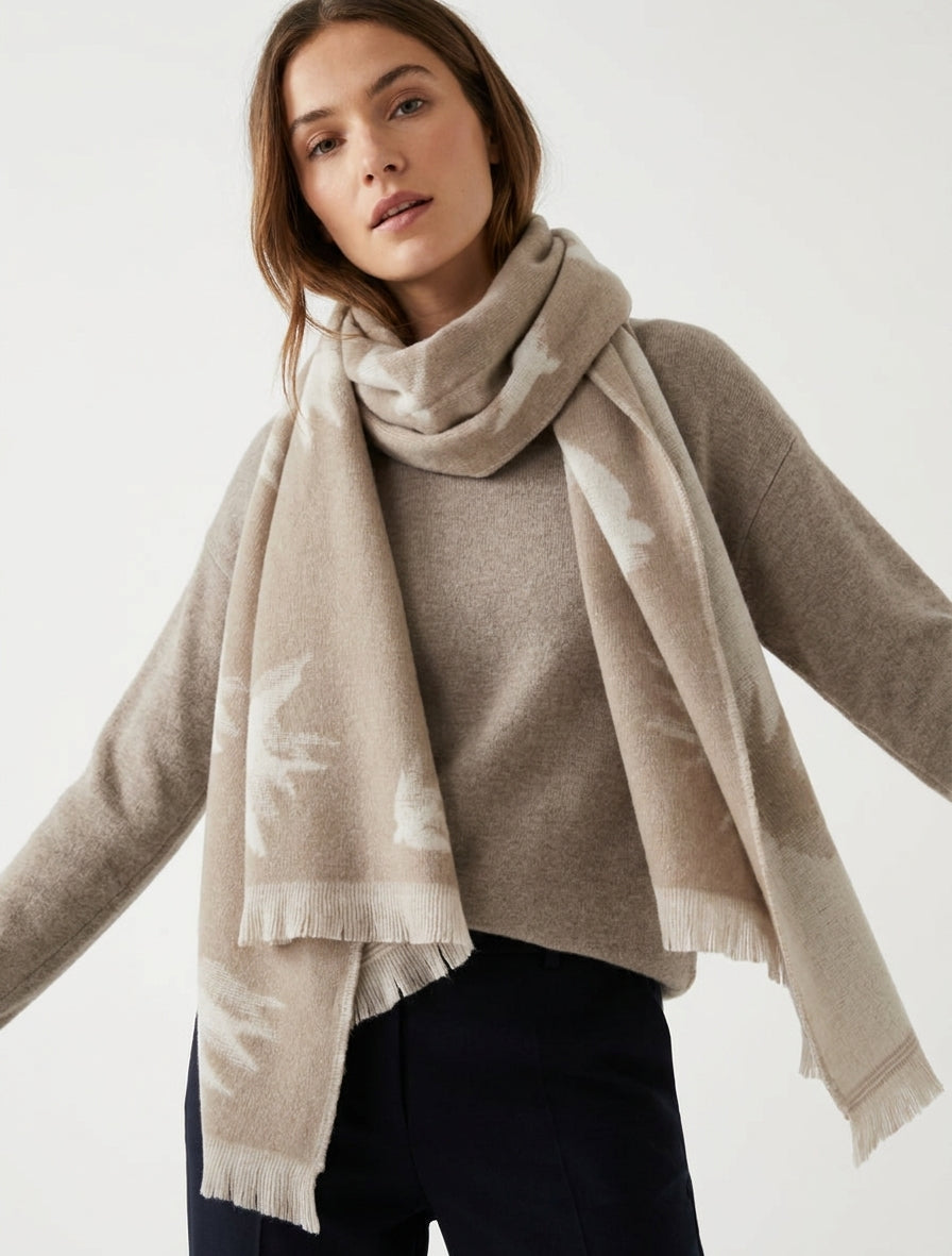 Écharpe motif colombes bords francs - Beige