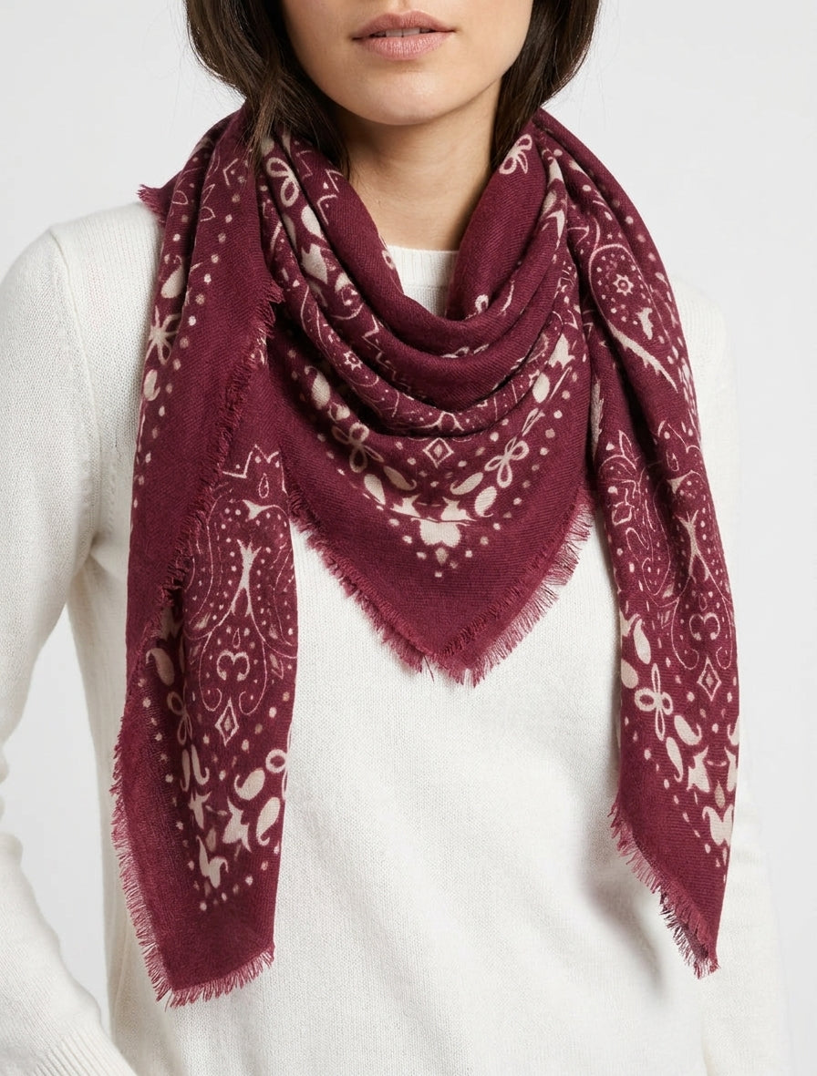 Foulard carré paisley à franges - Bordeaux