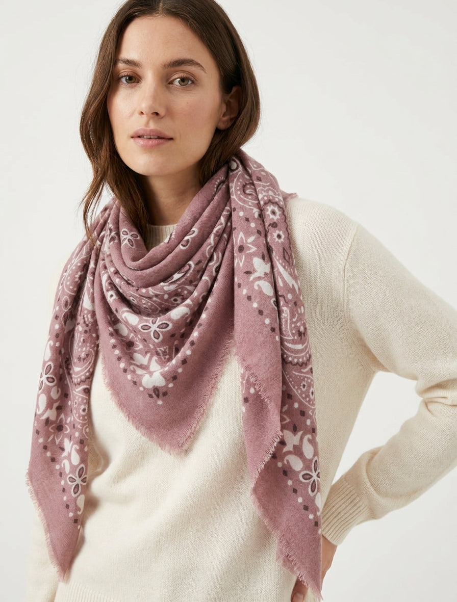 Foulard carré paisley effiloché - Vieux rose
