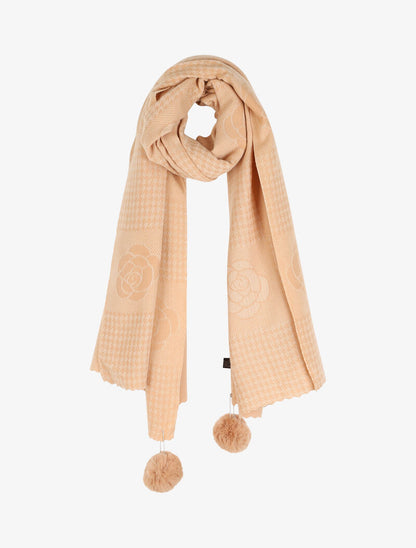 Echarpe à pompons et motif roses - Beige - 1