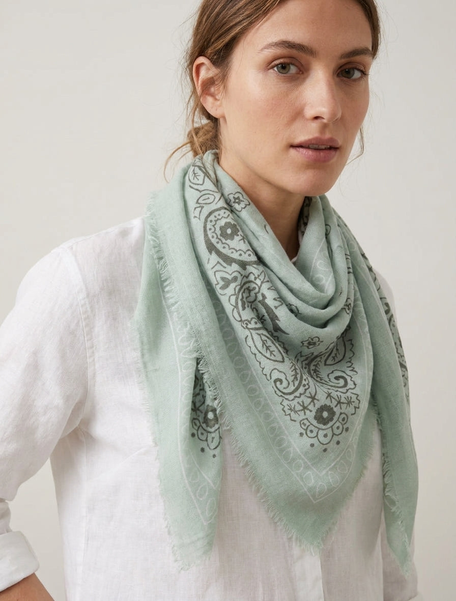 Foulard carré bords effilochés - Vert d&