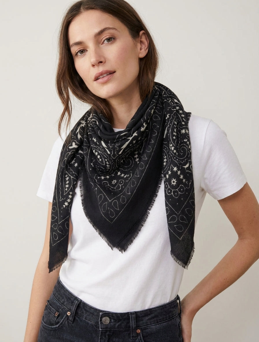 Foulard carré à bords effilochés - Noir