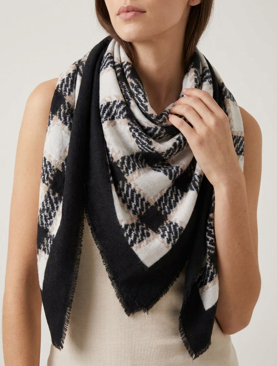 Foulard carré à bords effilochés - Noir