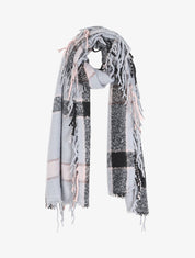 Echarpe à carreaux et franges - Gris clair - 1
