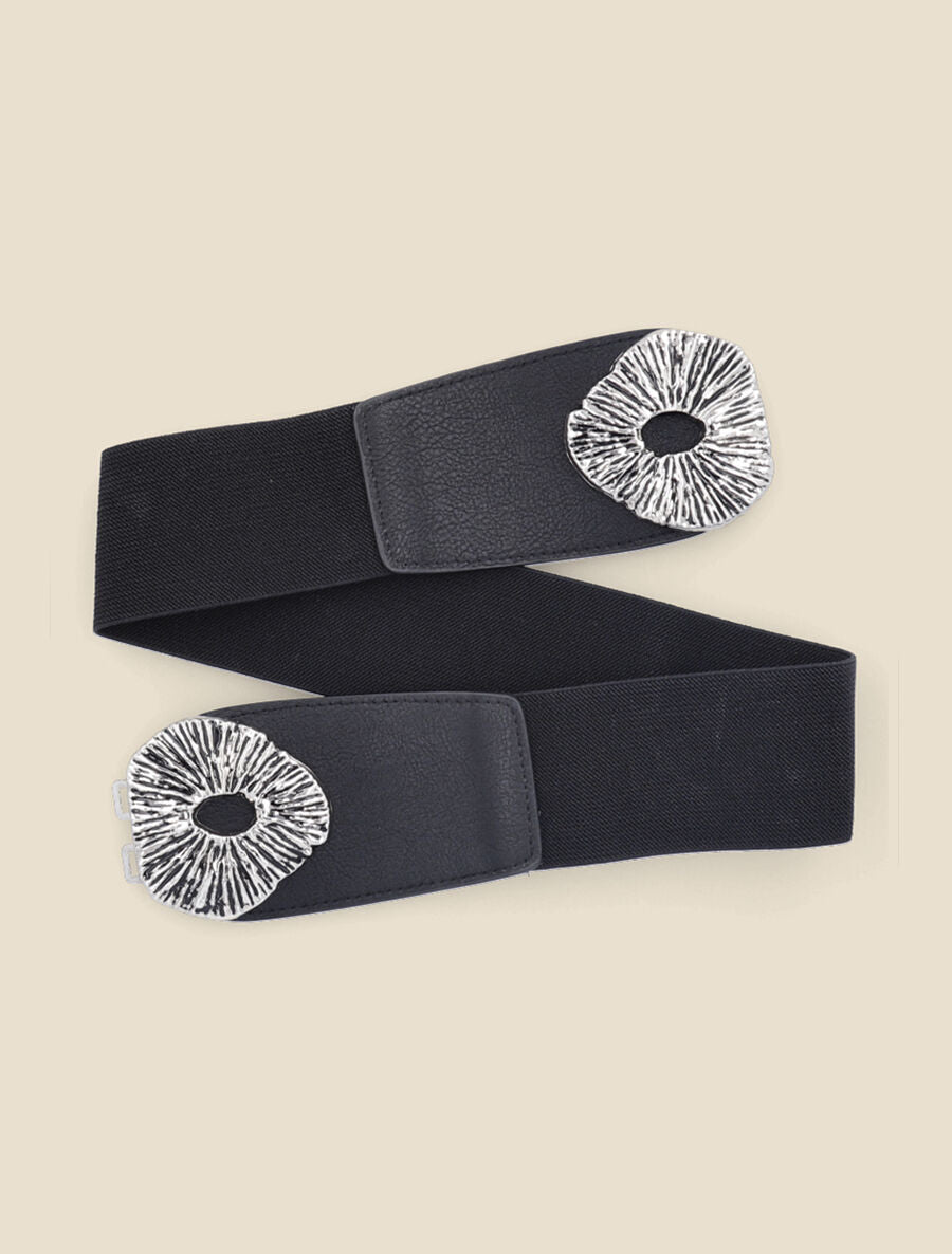 Ceinture élastiquée à boucle striée - Noir/argent - 1