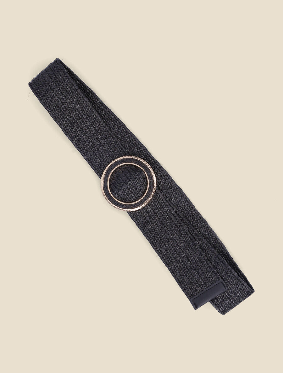 Ceinture en raphia à boucle ronde ciselée - Noir - 2