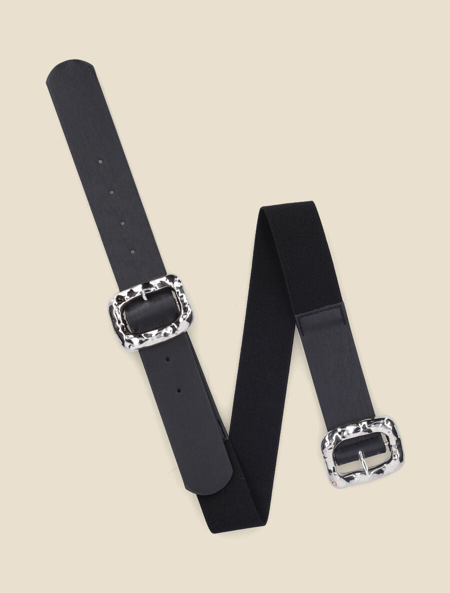 Ceinture élastiquée à double boucles martelées - Noir/argent - 1