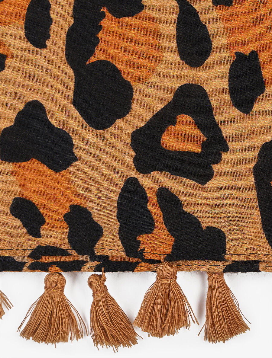 Echarpe à imprimé léopard et pampilles - Camel - 3