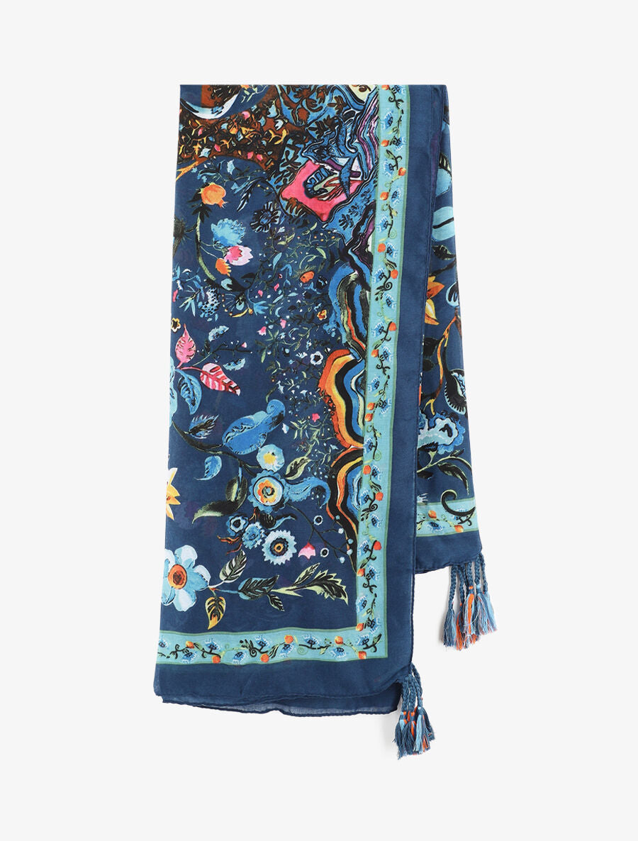 Foulard à imprimé fleuri et pampilles - Bleu - 2