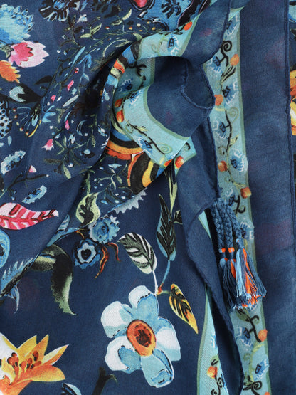 Foulard à imprimé fleuri et pampilles - Bleu - 3
