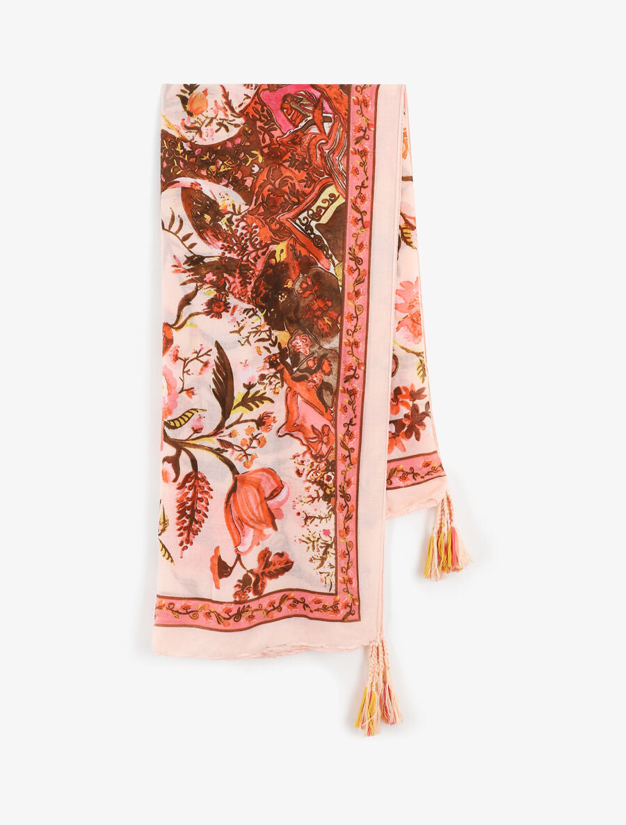 Foulard à imprimé fleuri et pampilles - Rose - 2