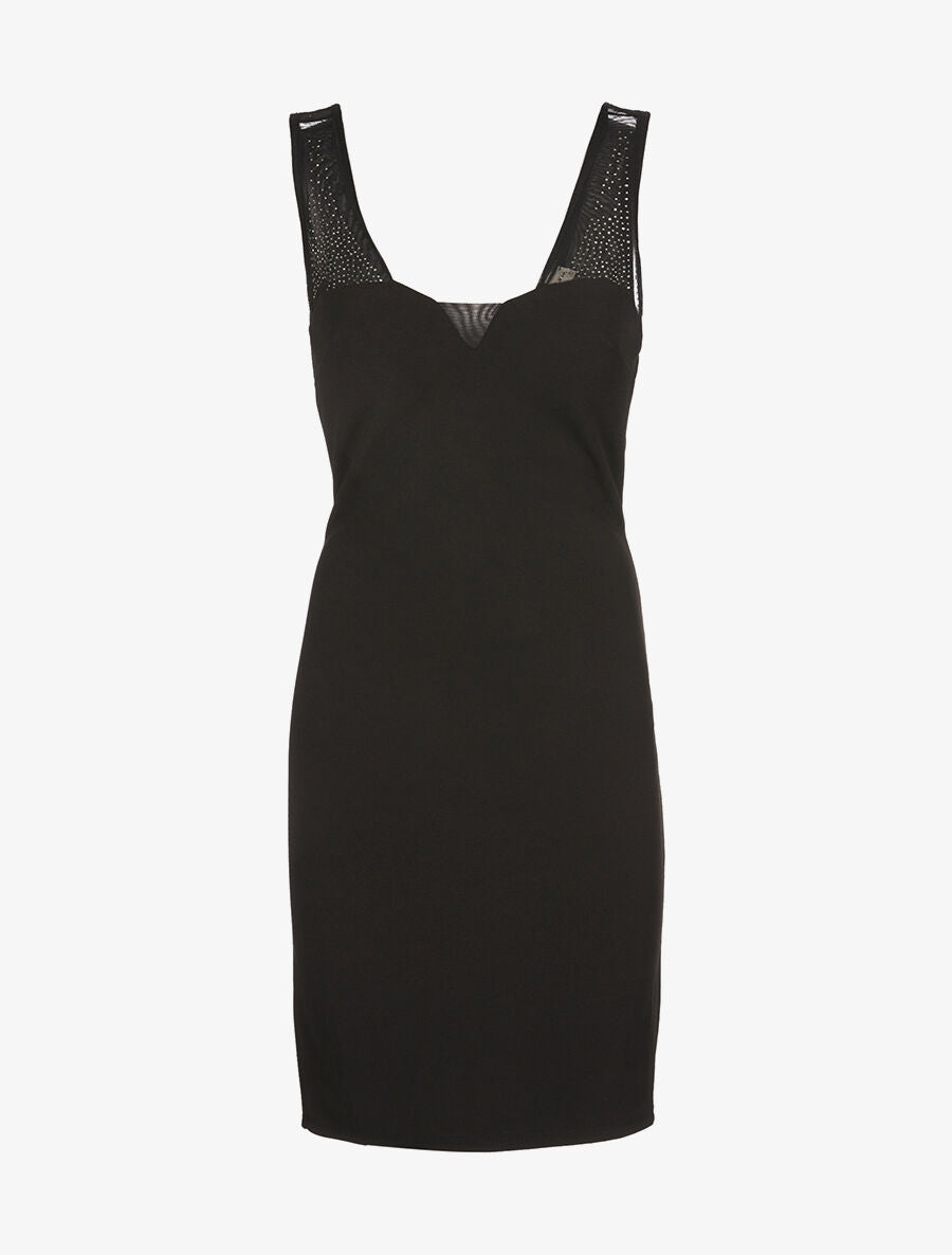 Robe moulante à manches en tulle et strass - Noir - 1