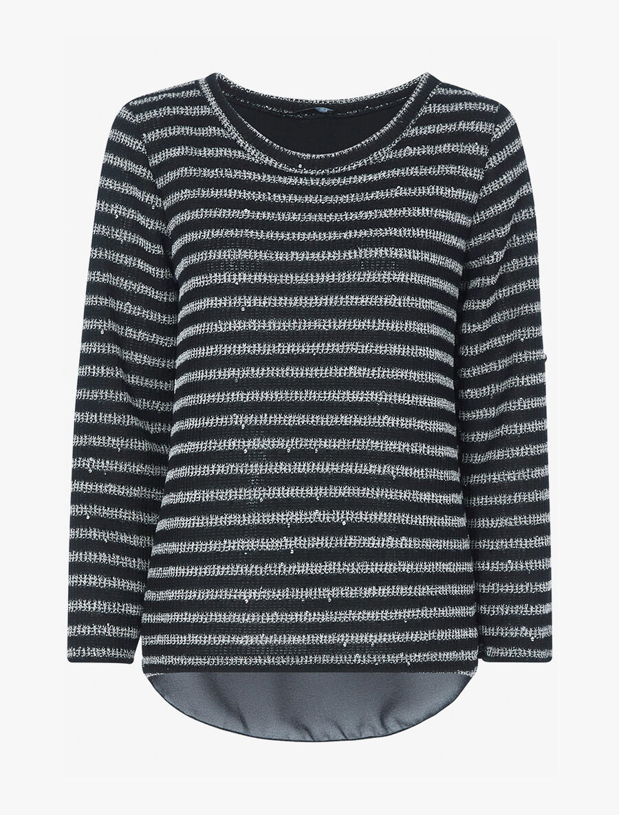 Top rayé à empiècement voile - Noir/gris clair - 1