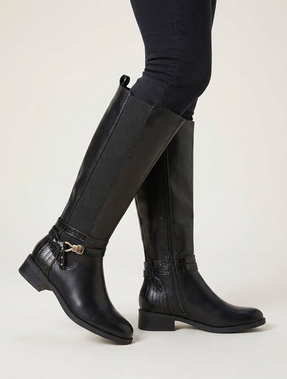 Bottes à sangle croco et zip - Noir