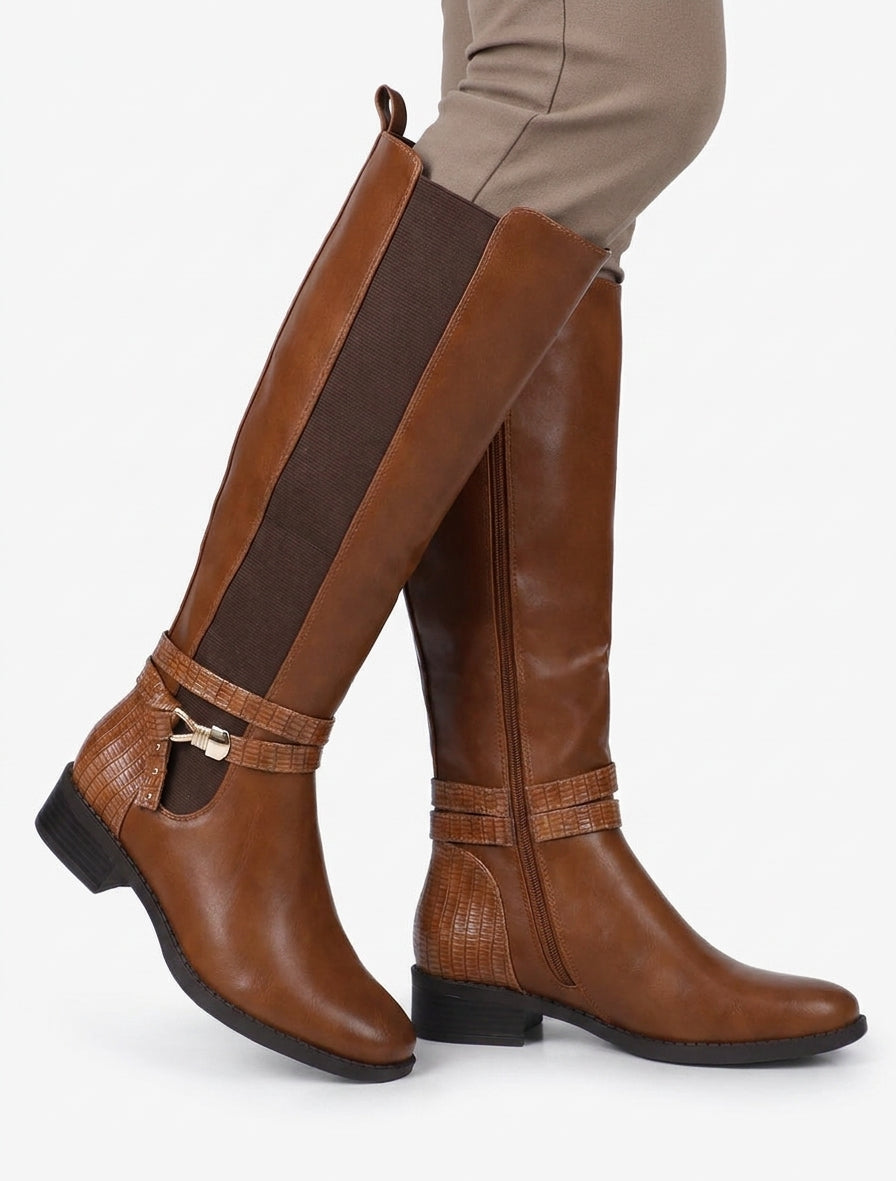 Bottes à sangle croco et zip - Camel
