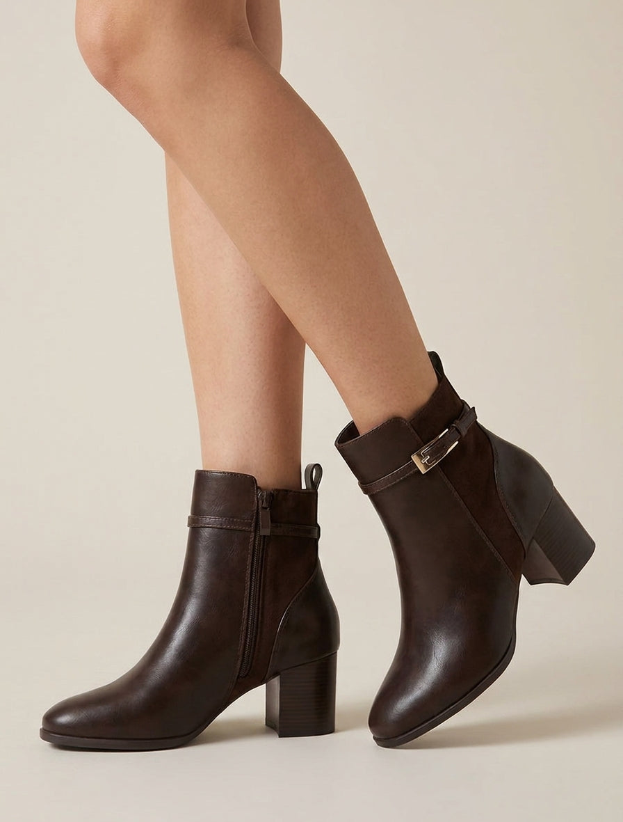 Bottines bimatière talon bloc - Marron