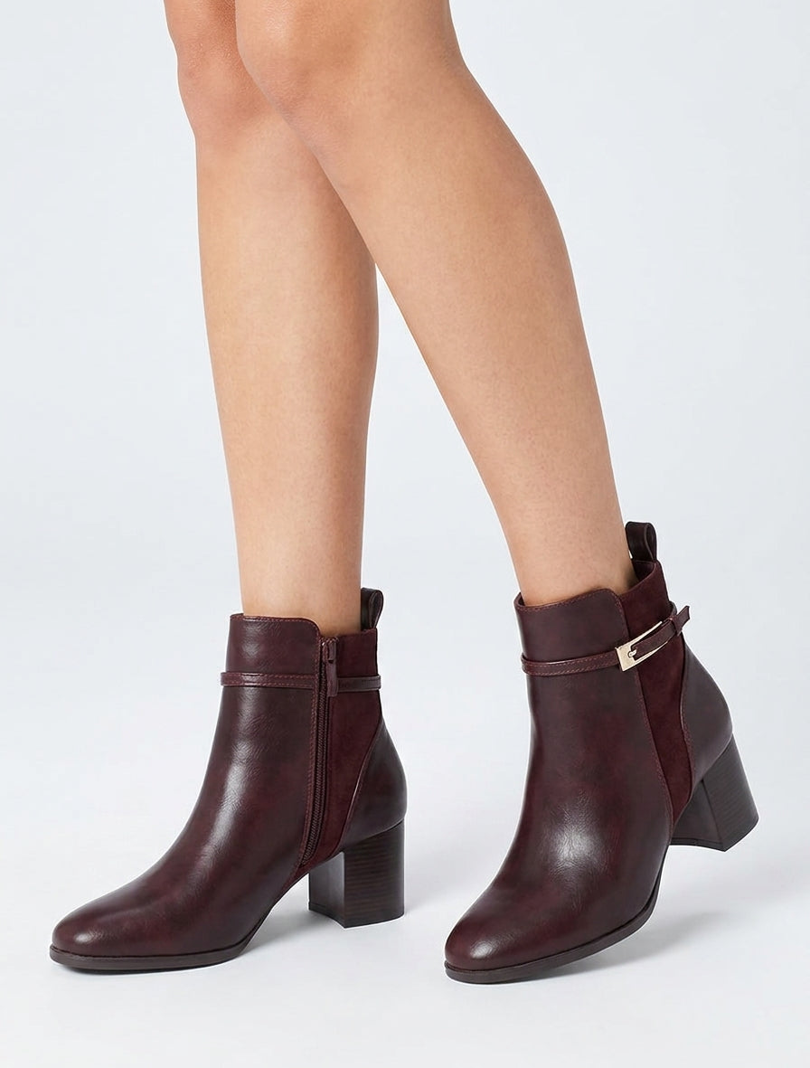 Bottines bimatière talon bloc - Lie de vin
