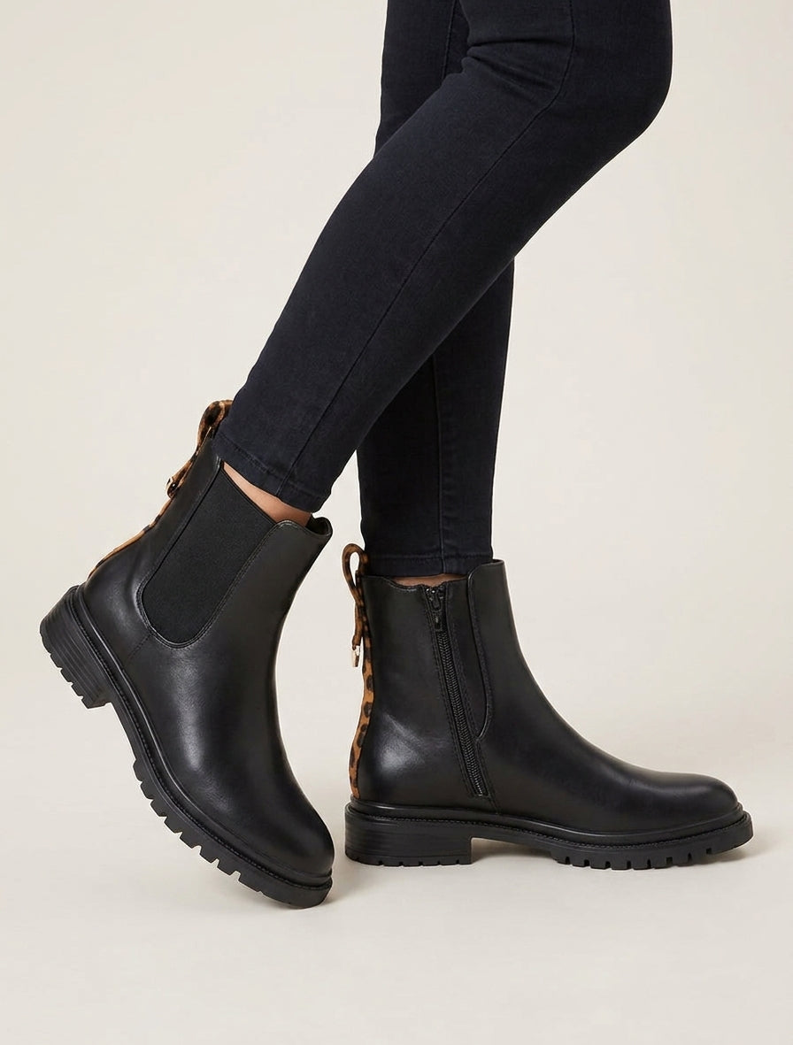 Chelsea boots à zip et semelle crantée - Noir/léopard