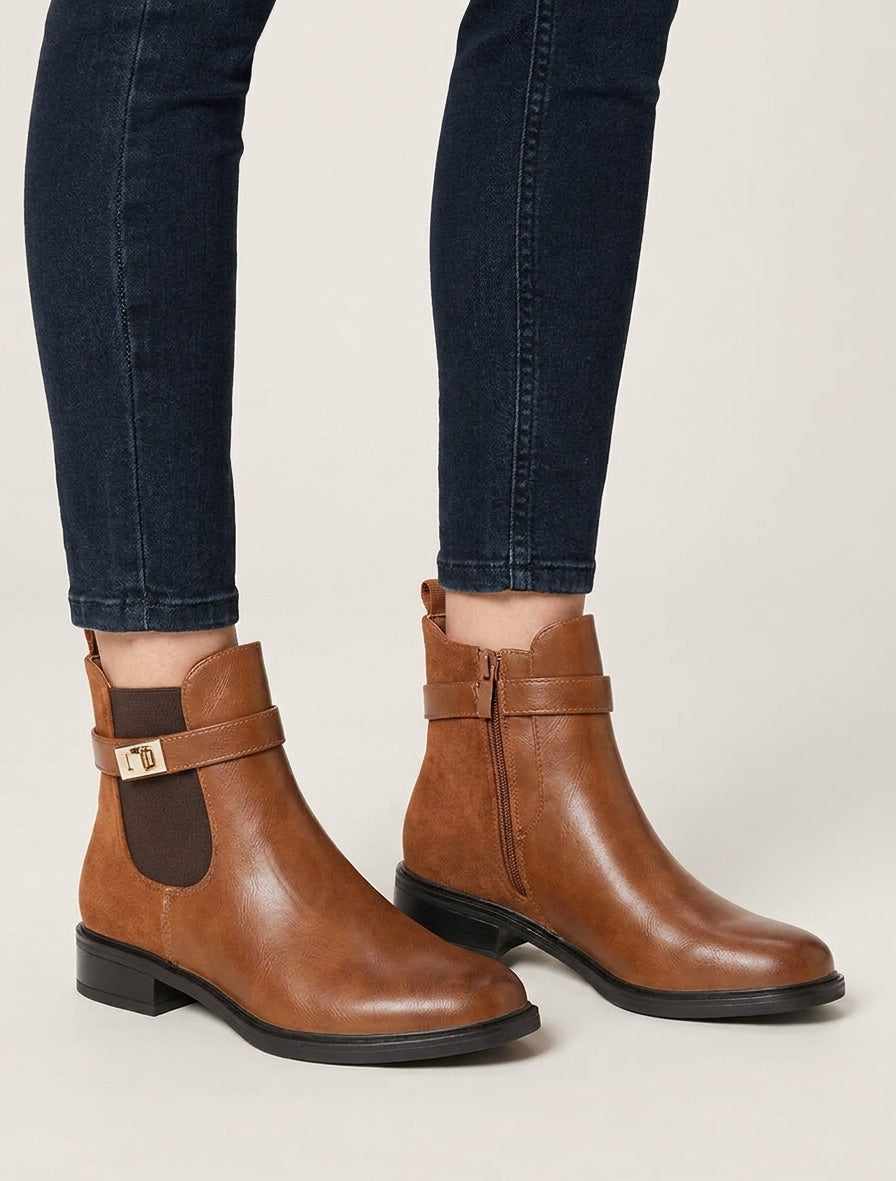 Bottines talon bloc à boucle - Camel