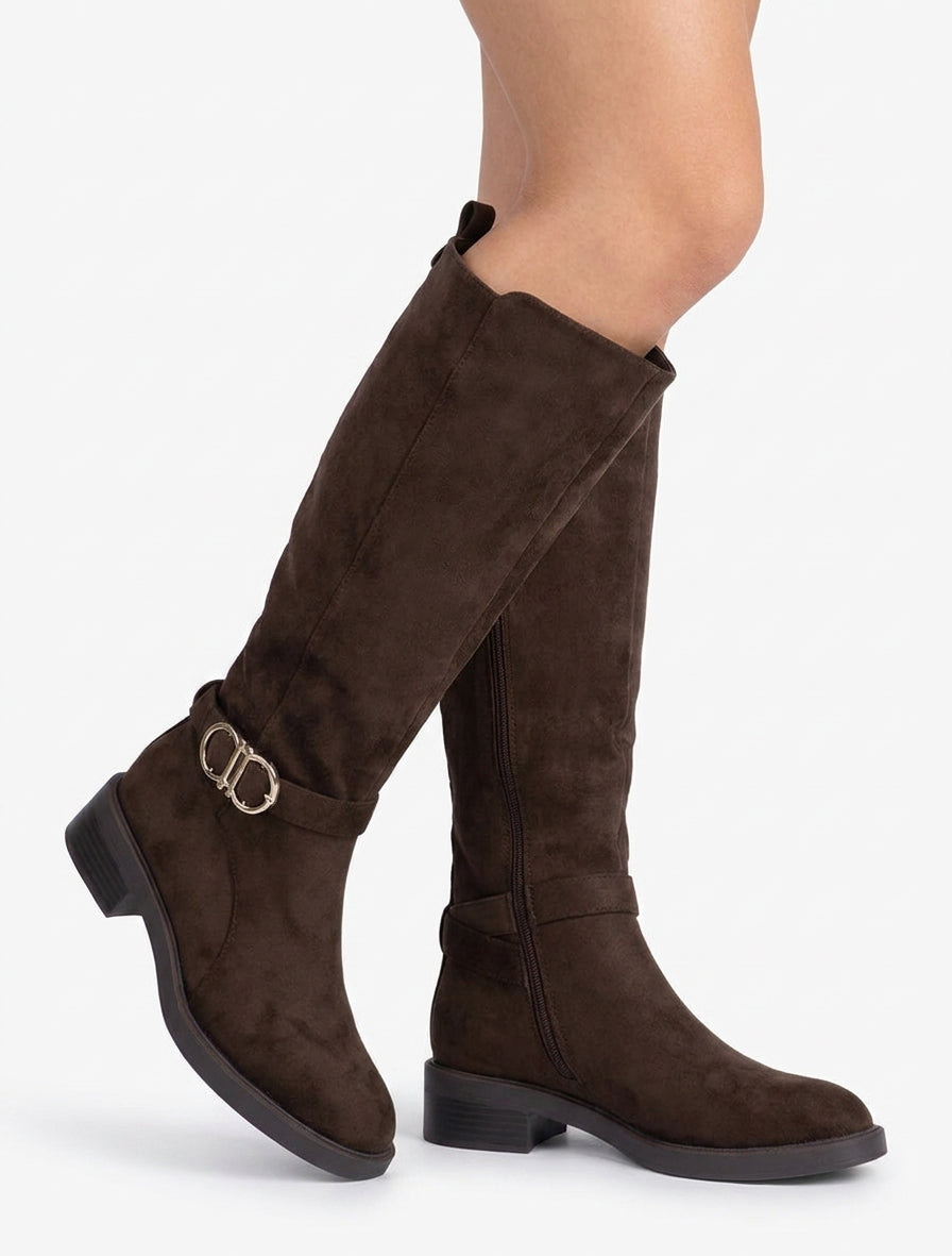 Bottes suédine talon bloc à boucle - Chocolat