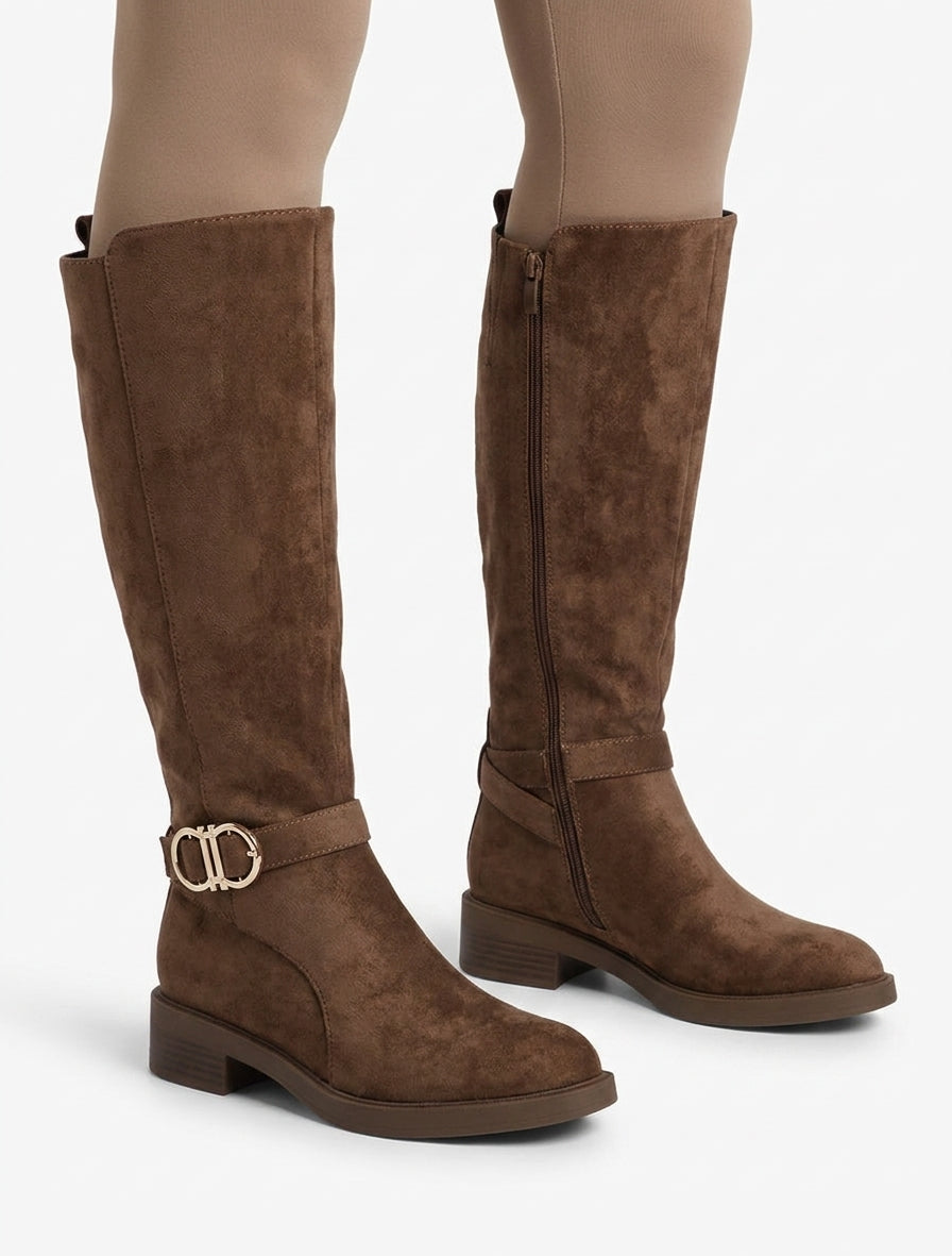Bottes suédine talon bloc et boucle - Marron