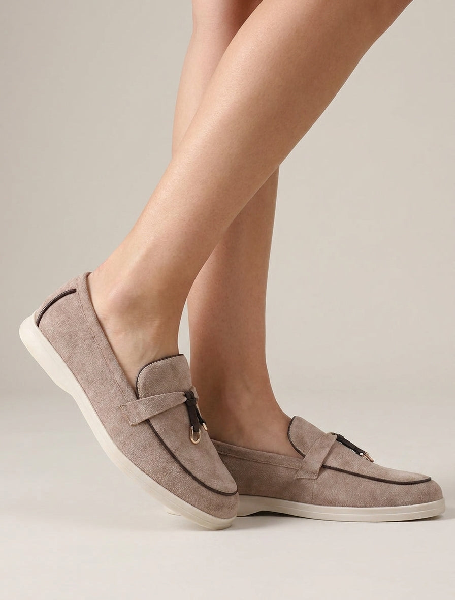 Mocassins en suédine à liseret coloré - Taupe clair