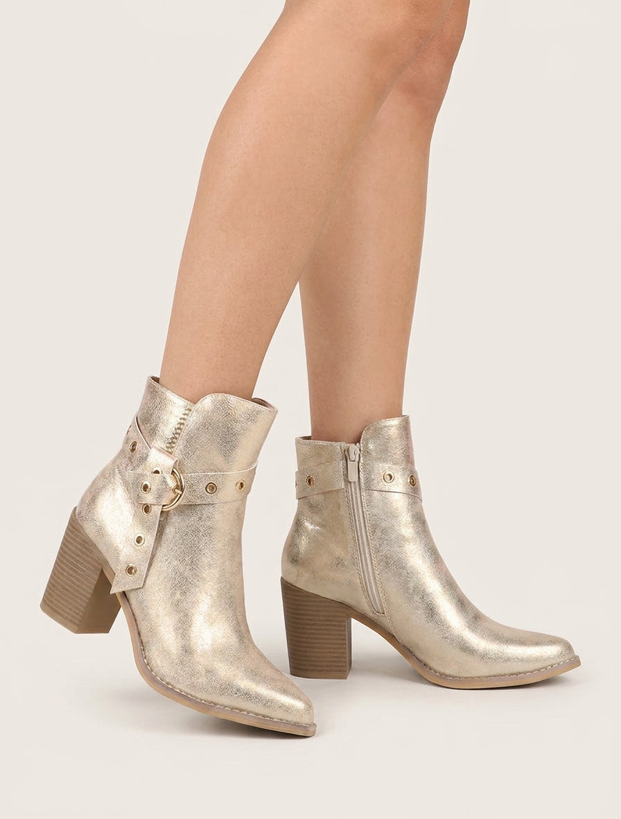 Bottines nacrées talon bloc python - Or