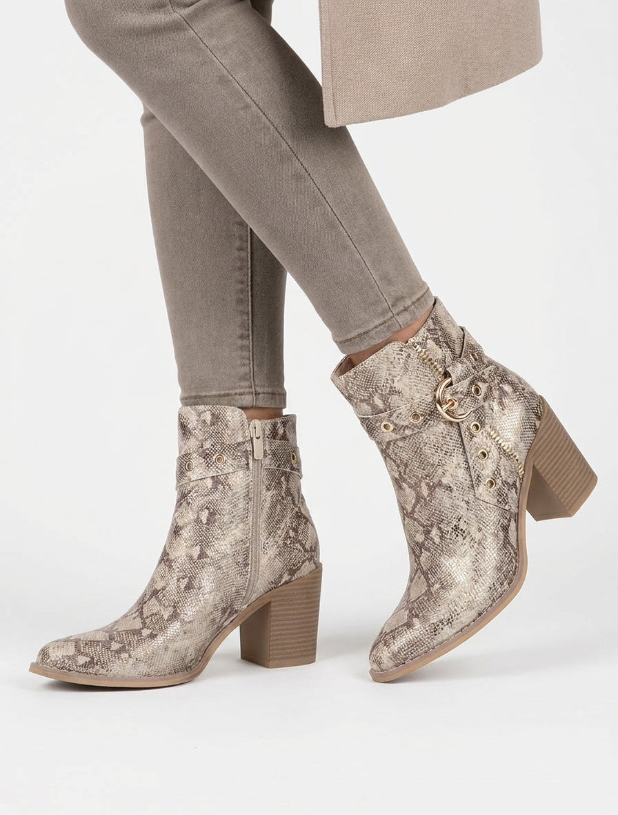 Bottines nacrées talon bloc python - Taupe