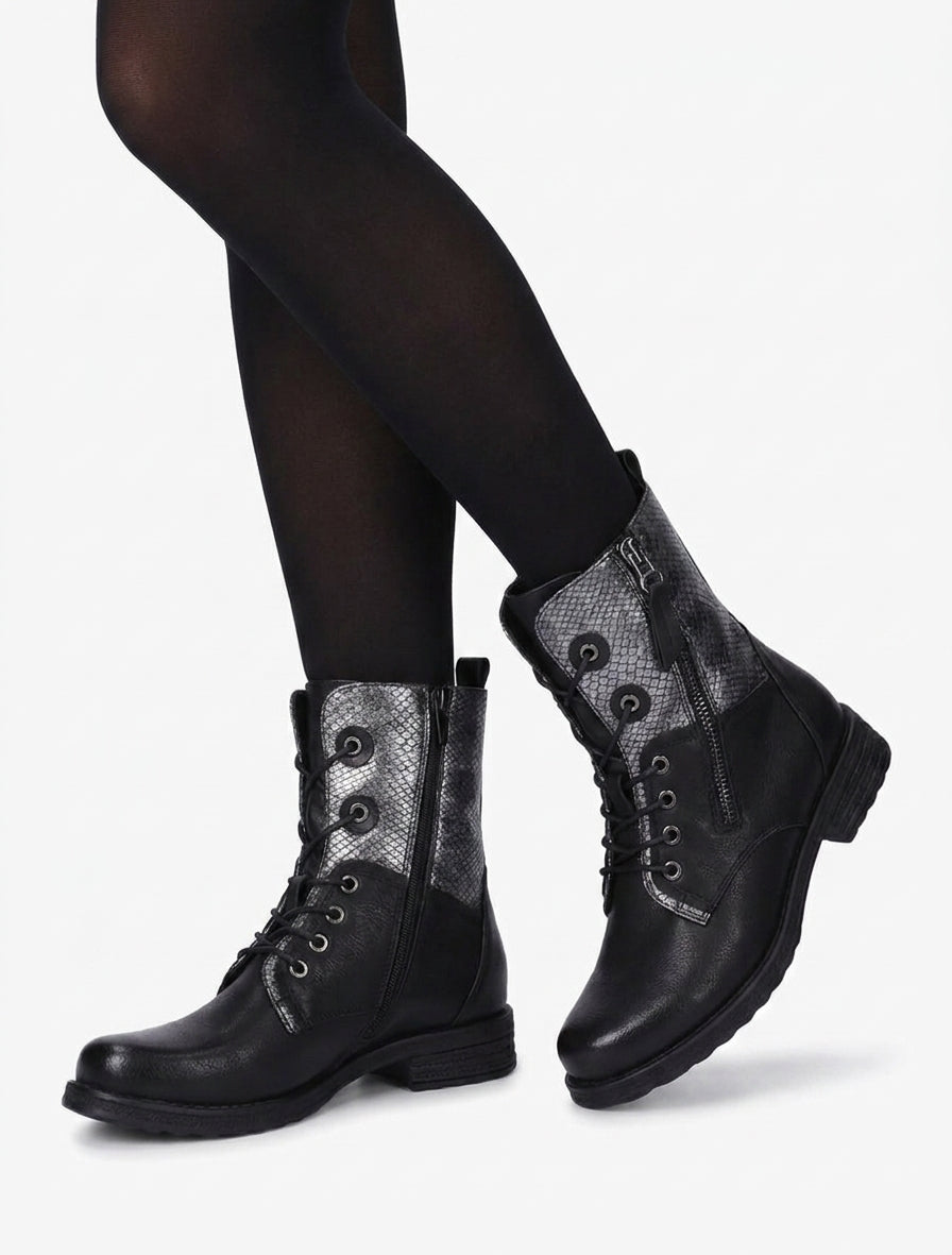 Bottines lacées talon bloc effet python - Noir