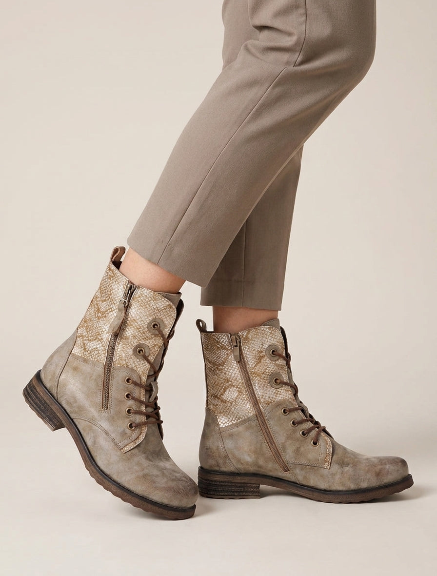 Bottines lacées talon bloc et zip - Taupe