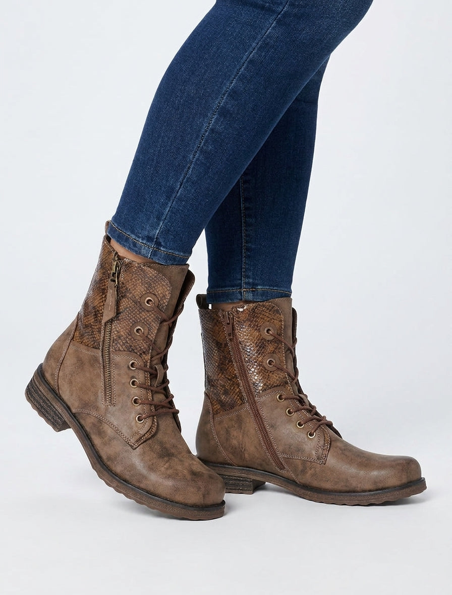 Bottines lacées talon bloc python irisé - Marron