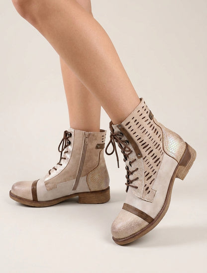 Bottines à lacets effet python et suédine - Beige