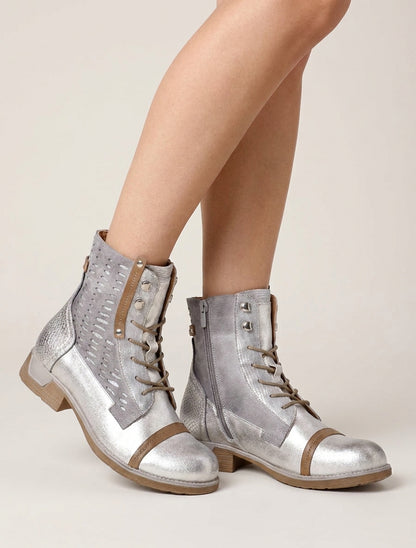 Bottines lacées effet python et suédine - Argent